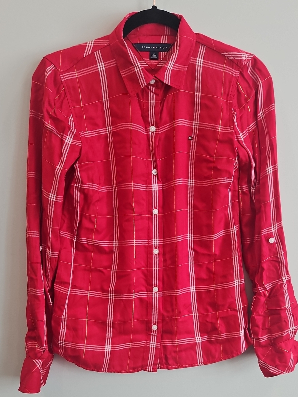 Tommy Hilfiger Red White Windowpane Plaid Roll Tab Sleeve Shirt XS